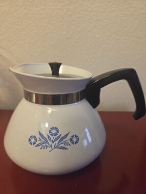 Corningware White Coffee Percolator with Blue Floral and Black Handle